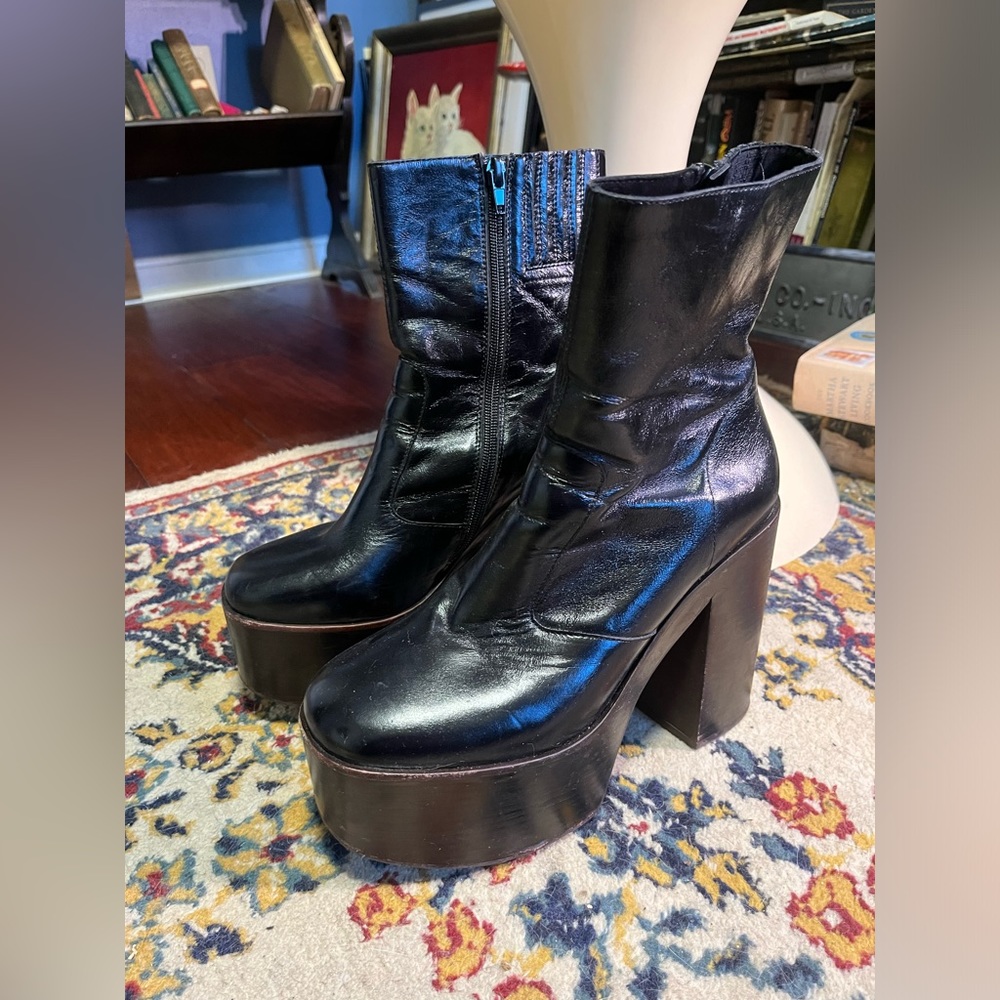 Jeffrey Campbell Black Leather Wood Platform Booties